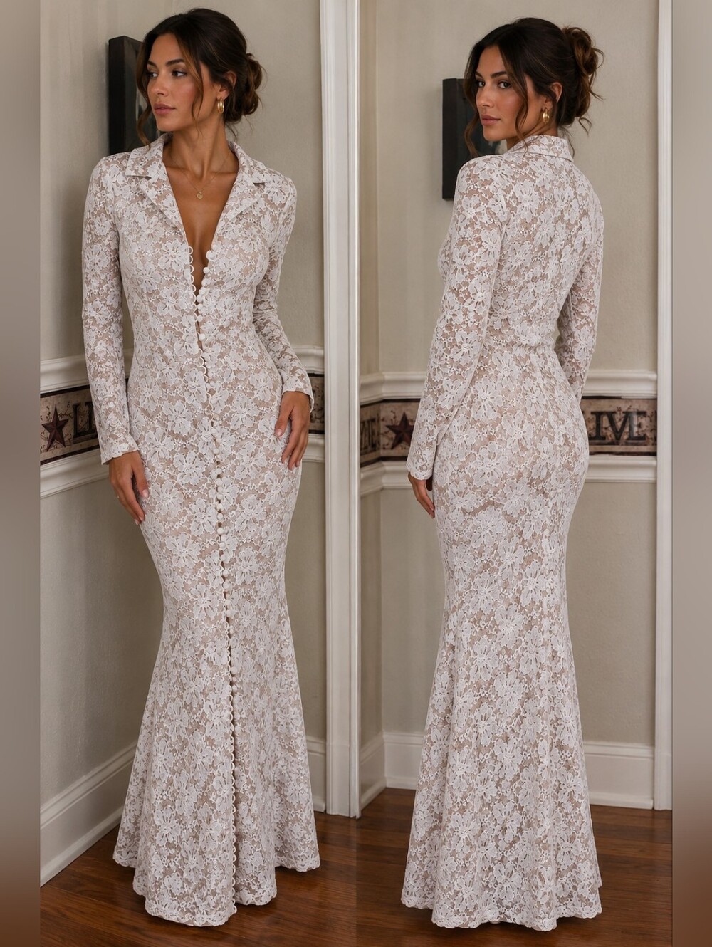 Jack Bryan Vintage Dress Lace Overlay Maxi Dress  in Cream and White Siz 10